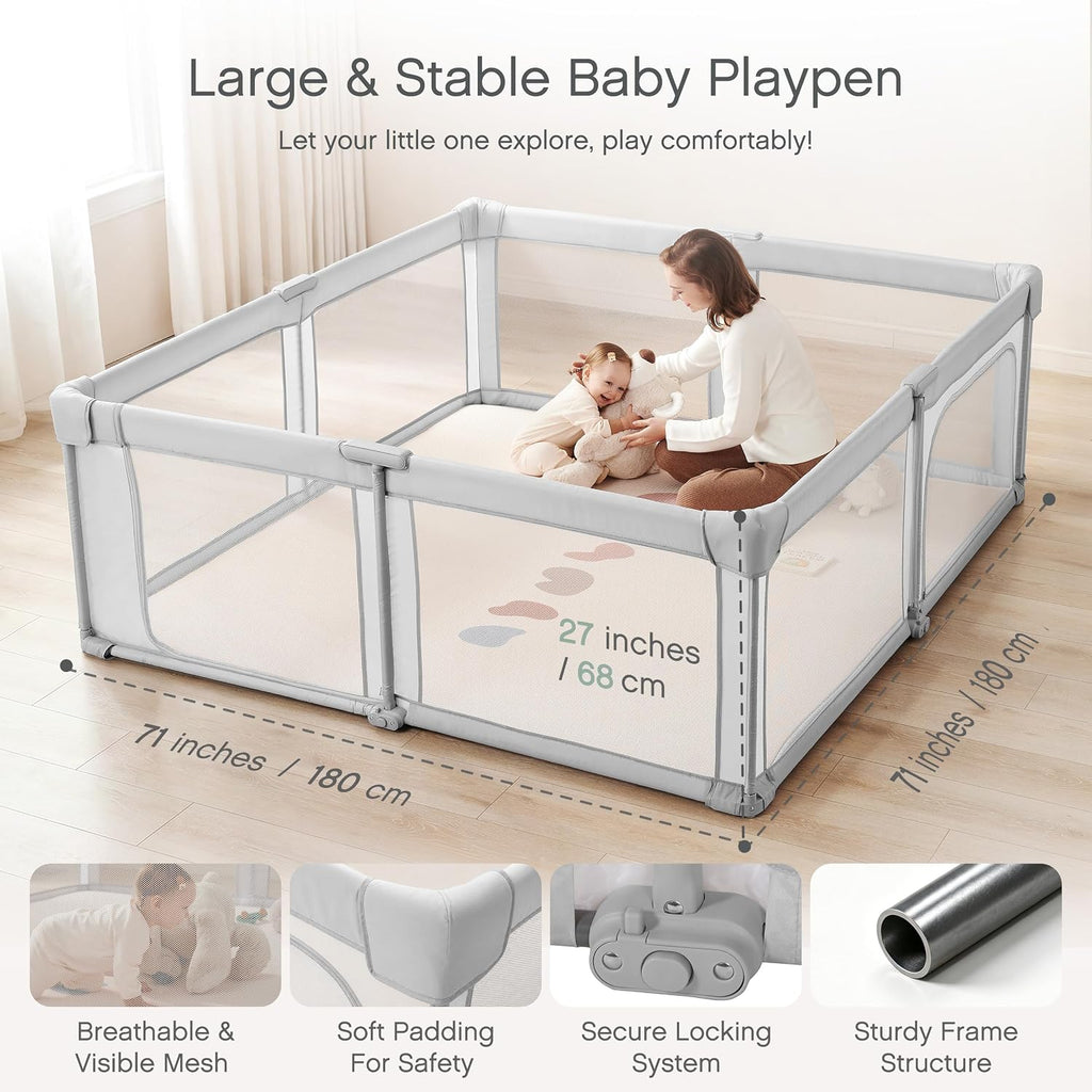 Baby Playpen, Pre-Assembled Foldable Playpen with Walk-in Door, 59"x 59" Large Baby Play Yard for Babies & Toddlers