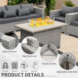 Patio Furniture Set 7 Piece Grey Wicker Outdoor Conversation Sets PE Rattan Sectional Sofa with Propane Fire