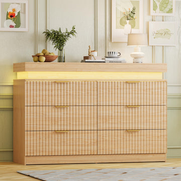 Fluted 6 Drawer Dresser LED Lights & Charging Station, Natural Oak