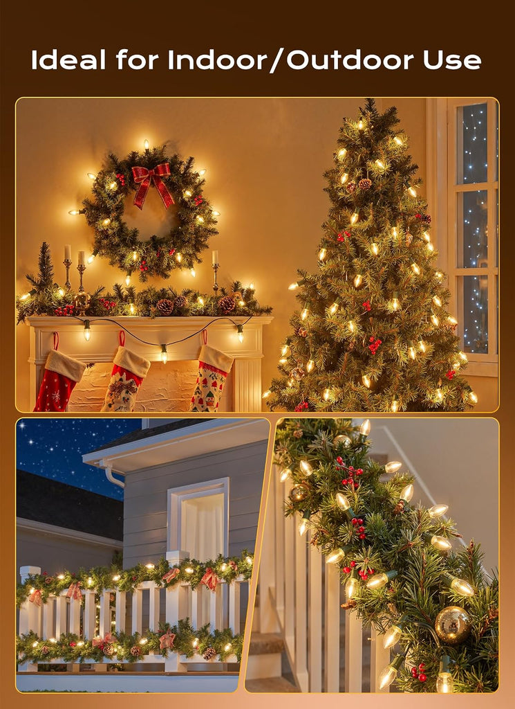 C9 Christmas Lights Outdoor, 100 FT 100 LED Vintage Warm White C9 String Lights Connectable for Christmas Tree