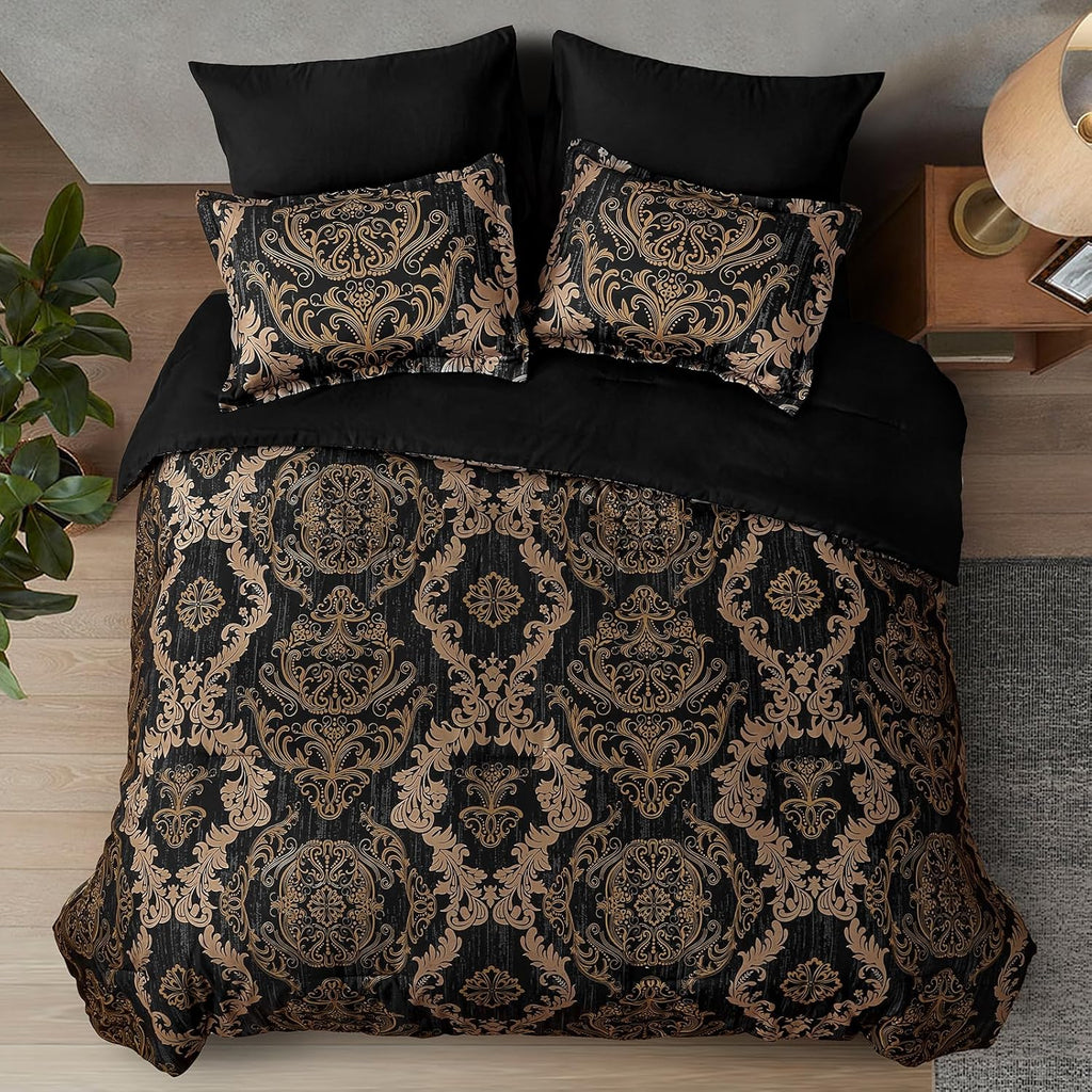 Black Comforter Set Queen, Gold Damask Texture 7 Pieces Bed in a Bag Microfiber Comforter Bedding Sets -1 Comforter