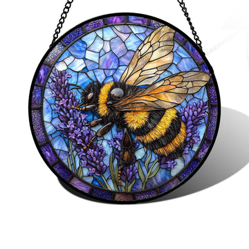 Bee Lavender Stained Glass Window Hanging Suncatcher Gifts for Women 6.3"