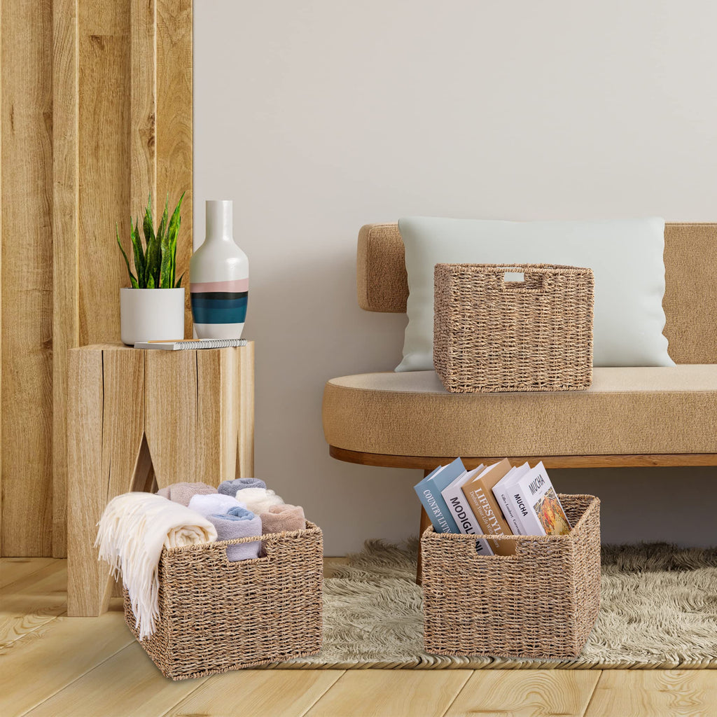 12x12x10in Seagrass Storage Baskets Set of 4, Large Wicker Storage Basket, Decorative Seagrass Shelf Basket, Pantry