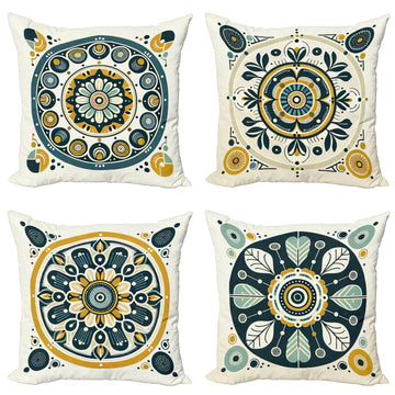 Mandala Throw Pillow Cushion Cover Set of 4, Mosaic Style Flowery Details Circles Bohemian Folk Style Print