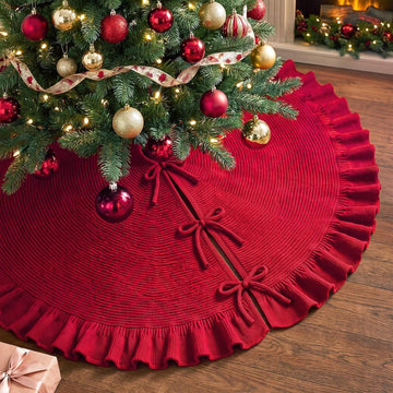 Red Knit Christmas Tree Skirt with Ruffle, 60 Inch