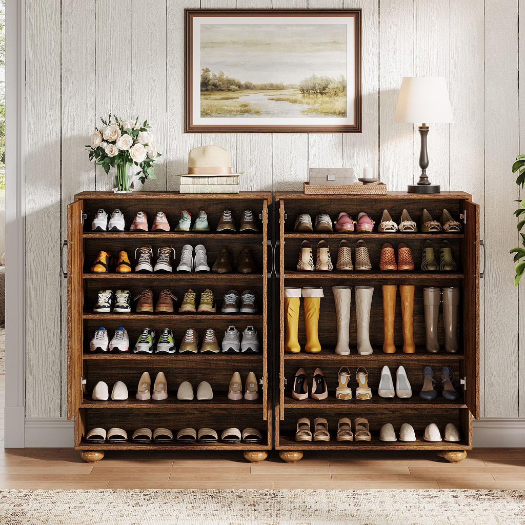 Shoe Cabinet, Farmhouse Tall Shoe Cabinet with Doors and Adjustable Shelves, Solid Wood Shoes Storage, Foyer