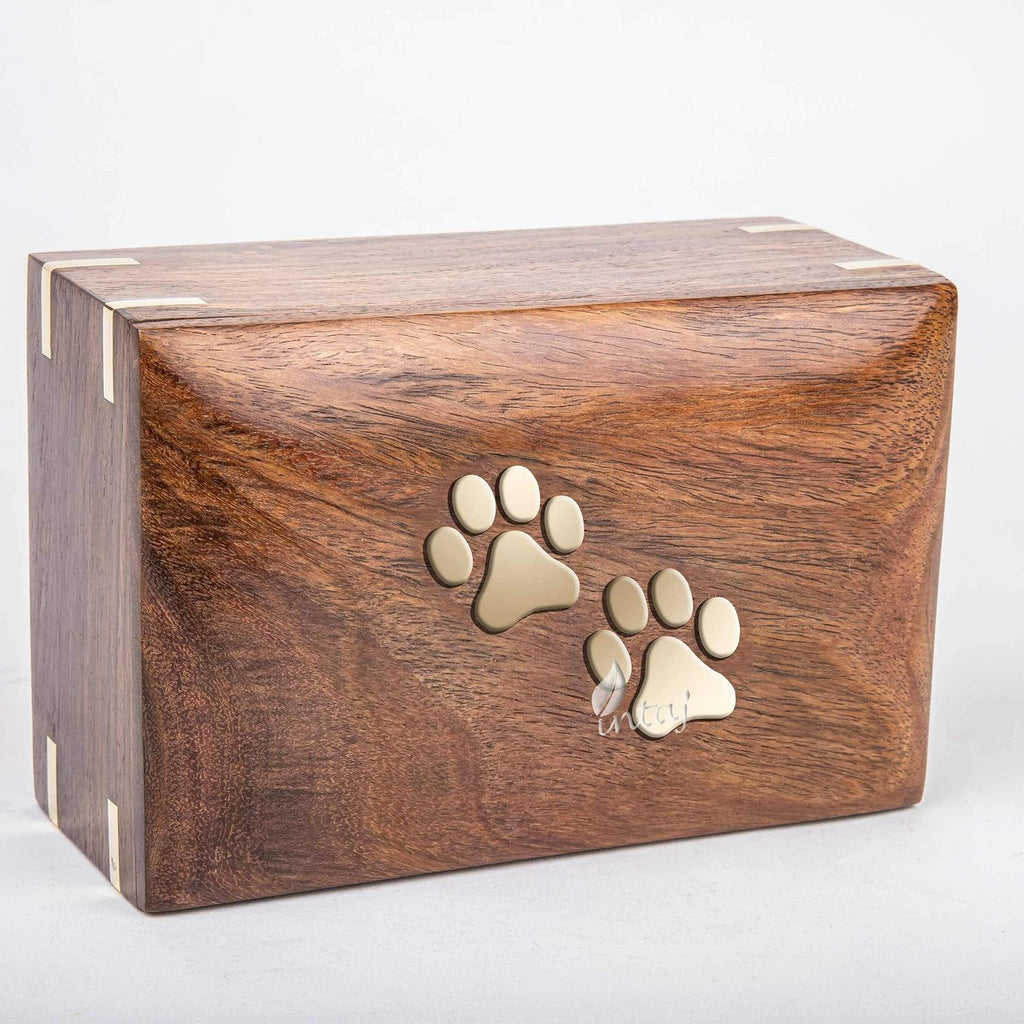 Wood Pet Urn for Dog Ashes, Extra Small 10 Cu in to 10 lb, Two Paws