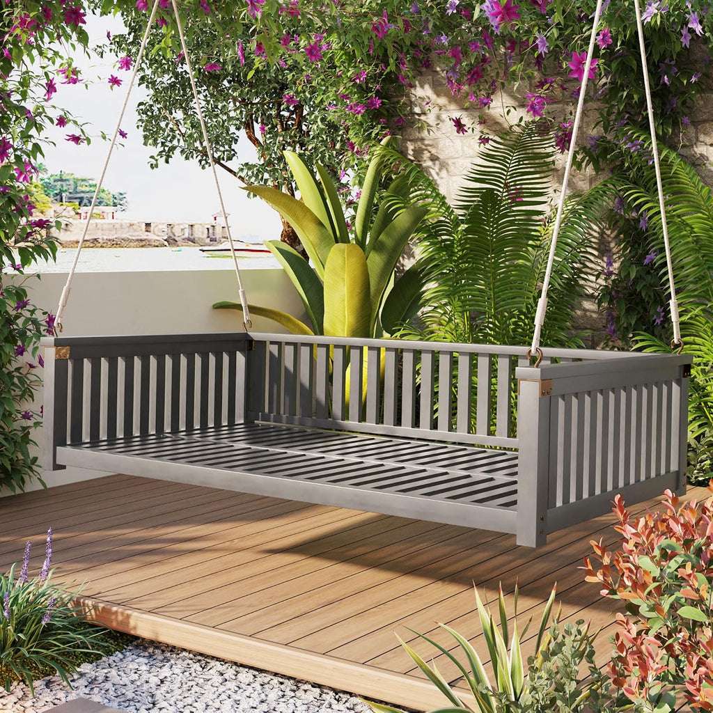 Patio Twin Size Garden Swing Bed Wood Porch Swing Loveseat Chair with Ropes for Backyard, Safe Sloped Design