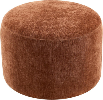 Upholstered Round Pouf Ottoman, Modern Footstool, Orange-Brown | Small Chenille Footrest with Soft Padded Seat & Wood