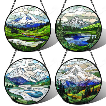 Stained Glass Window Hanging 4 Pcs Set Mountains Lake Green White Landscape Large 15" - Suncatcher Door Garden Decor