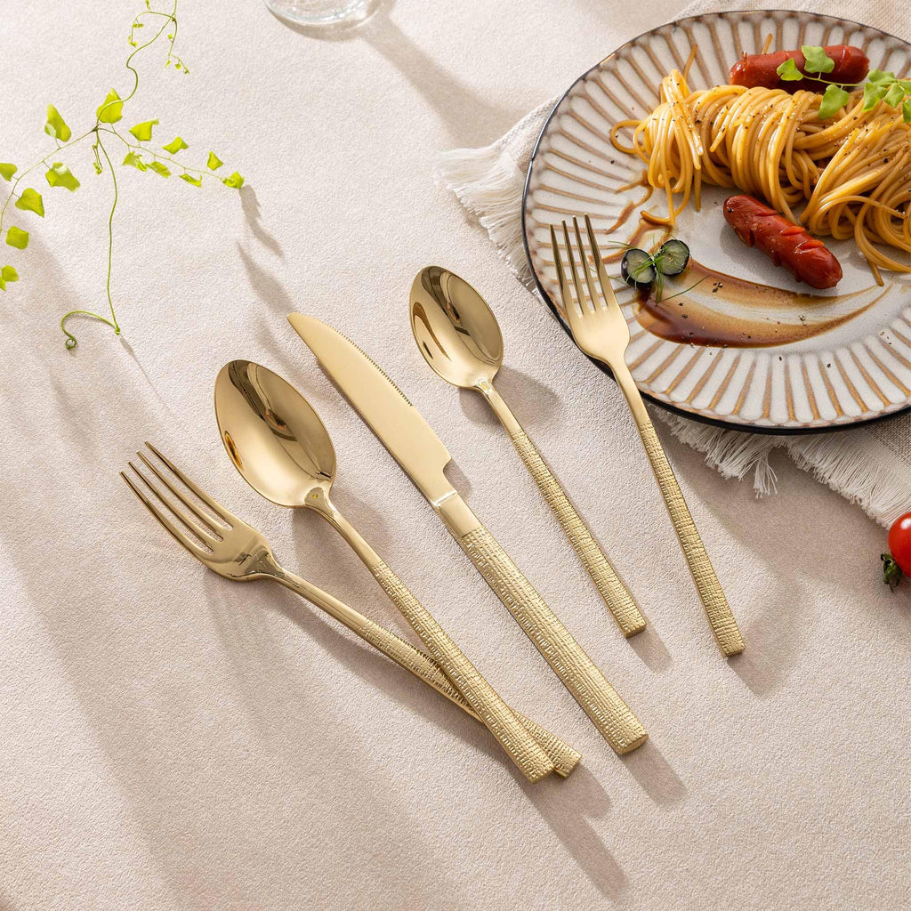 Gold Hammered Silverware Set for 1, 5-Piece 18/10 Stainless Steel Flatware