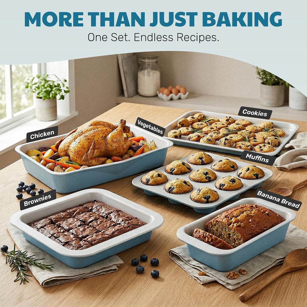 Nonstick Bakeware Set 6 Pc Stackable, Ceramic Pans Set, PFOA & PFOS Free Aluminum, Cookie Sheet, Cake, Muffin, Loaf