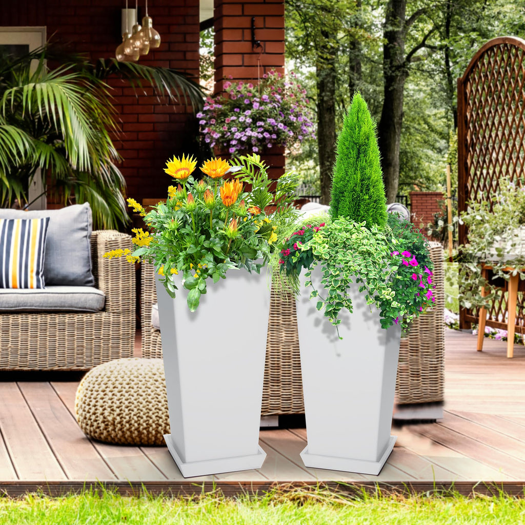 Set of 2 Tall Outdoor Planters 24 Inch, Large Planters for Indoor Outdoor Plants, Tapered Square Flower Pots with