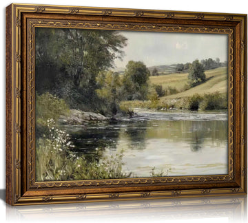 Vintage Gold Framed Wall Art Retro Rustic Farmhouse Green Nature Landscape Painting Picture Canvas Fall Forest