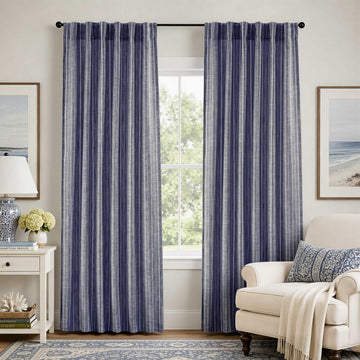 100% Blackout Linen Hygge Striped Curtains, 84 Inches, Navy