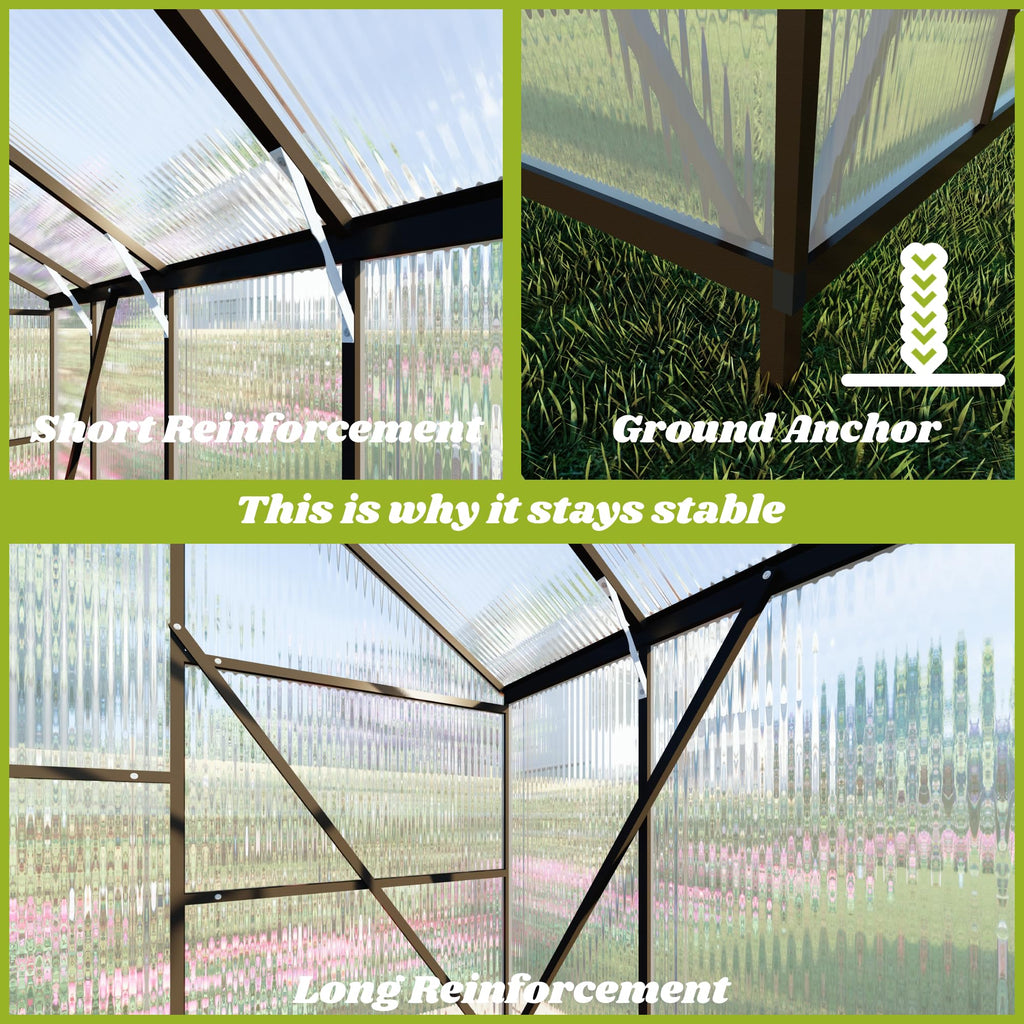 6x8FT Polycarbonate Greenhouse, with Vented Roof Window, Charcoal Gray
