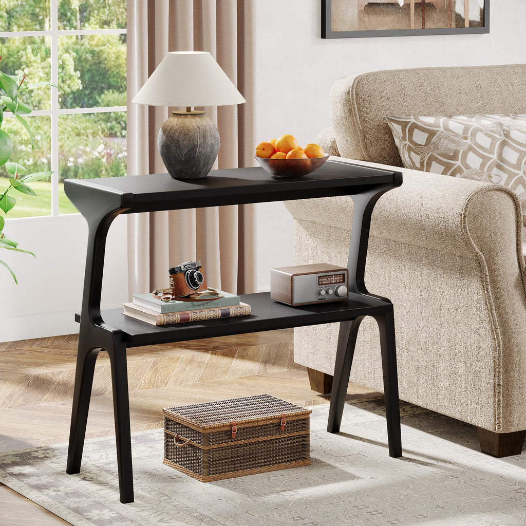 2-Tier Solid Wood Side Table, Modern Black End Table with Storage Shelves, Tall Slim Side Table for Couch with Unique