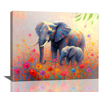 Funny Elephant Canvas Wall Art Colorful Flowers Elephant Painting Pictures Print Artwork Decoration Bedroom Nursery