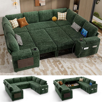 111" Modular Sectional Sleeper Sofa with Pull Out Bed, 8 Seat Chenille U Shaped Couch with Storage Chaise|USB