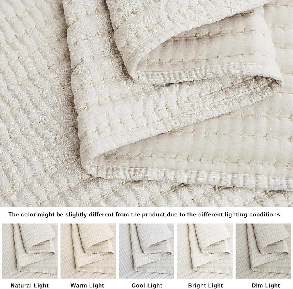 Beige Pick Stitch Queen Quilt Set, Striped Lightweight Soft Summer Spring Bedspread, Bamboo Linen Like Textured