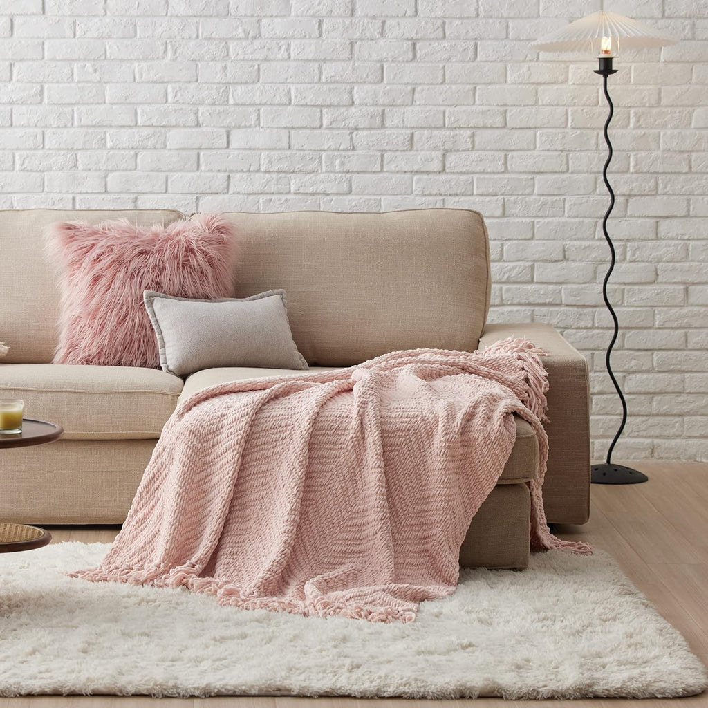 Spring Throw Blankets, Warm Decorative Boho Throw with Tassels, Light Pink, 50x60 Inches
