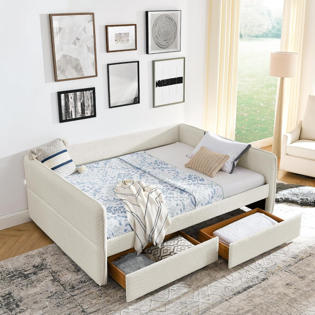 Queen Size Boucle Upholstery Daybed with 2 Drawers, Modern Style Tufted Corner Sofa Bed Frame with Solid Wooden