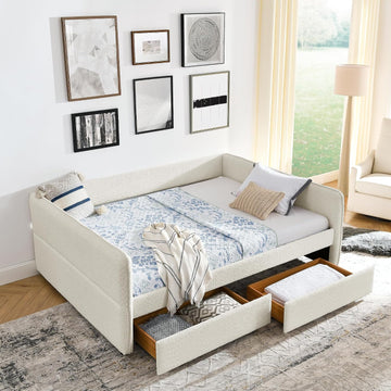 Full Size Daybed with Pop Up Trundle Boucle Upholstered Beige Soft Bou
