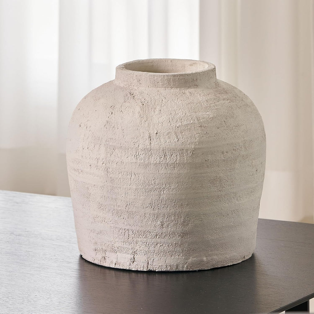 White Ceramic Large Vase, 11" Tall Zen Style, Terra Cotta Pitcher, Distressed Farmhouse Decor, Pottery Decorative Flower