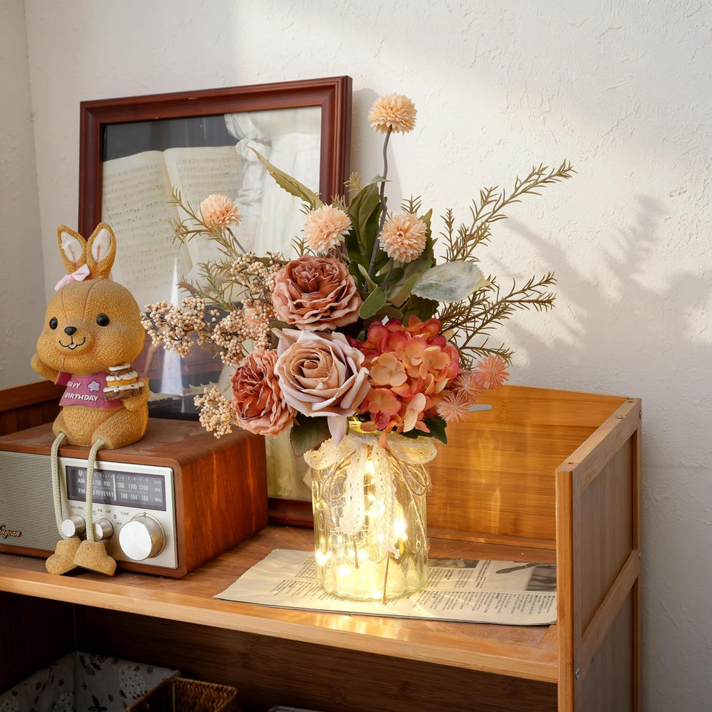 Artificial Fall Flowers with Vase & Lights - Faux Autumn Hydrangea & Rose
