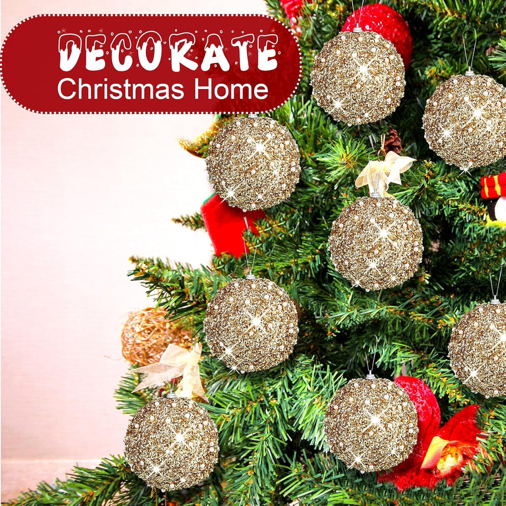 8 Pcs Christmas Ball Ornaments Glitter Sequin, Champagne, 3.15 Inch