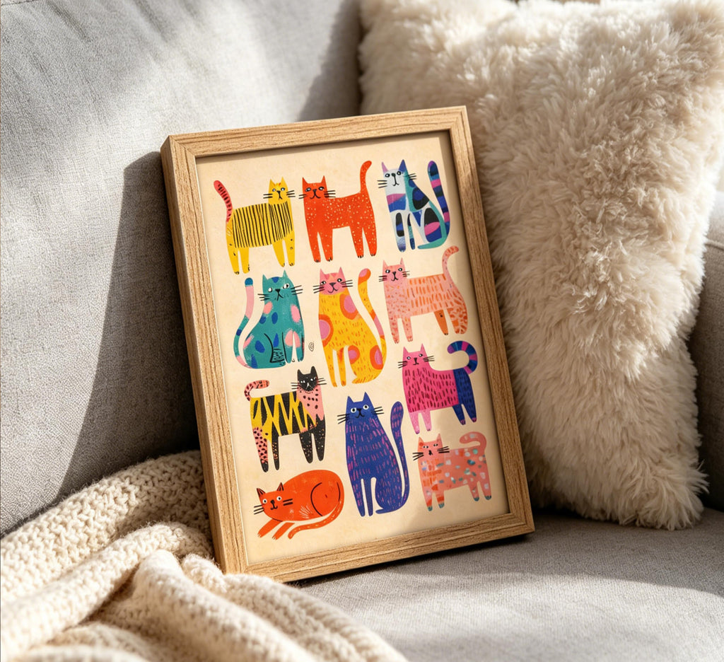Framed Colorful Abstract Cat Wall Art, Cute Kitten Painting Canvas Print, Colorful Cartoon Animal Wall Decor