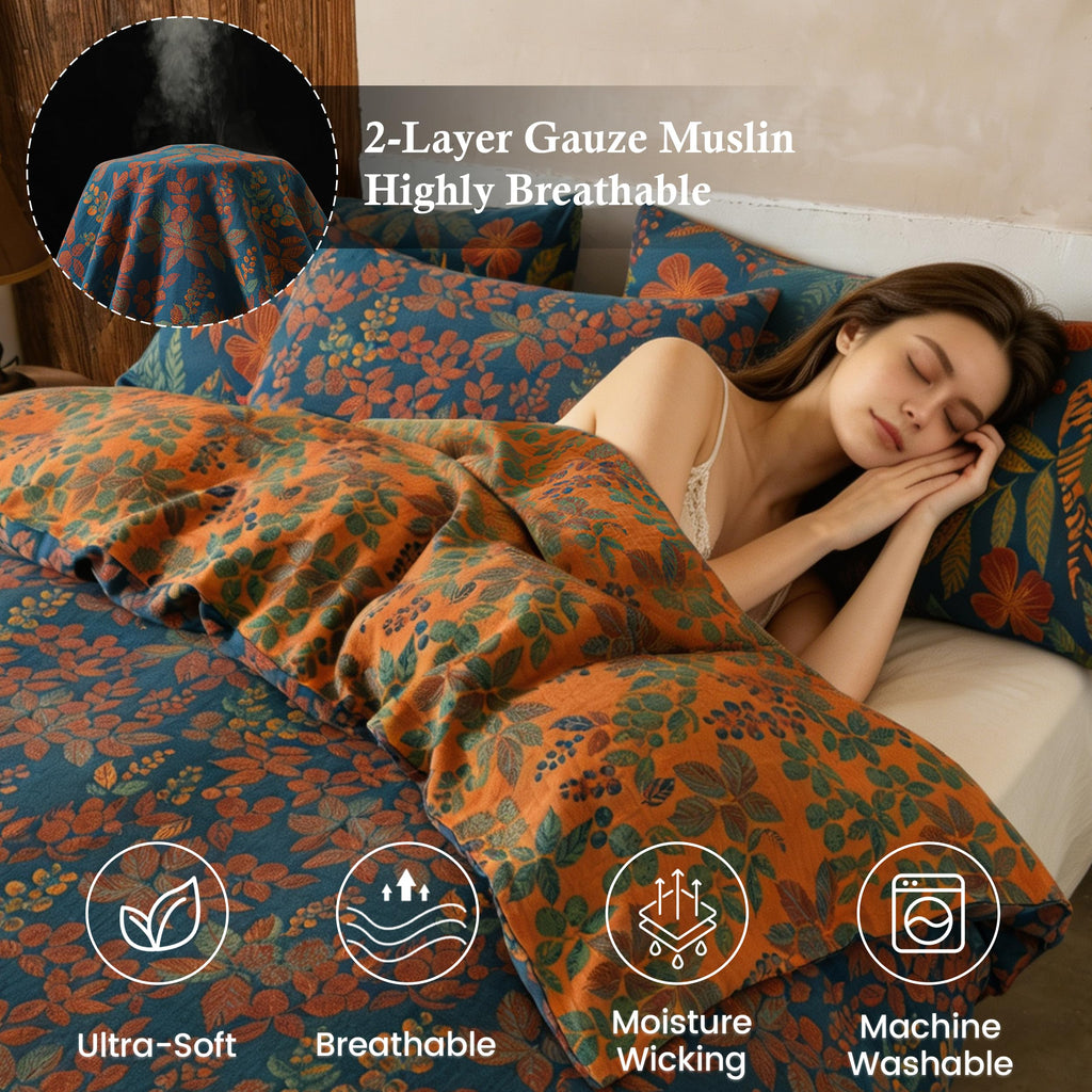 100% Cotton Muslin Duvet Cover Set, 3 Pcs Yarn-Dyed Jacquard Textured Reversible Floral Design, Soft and