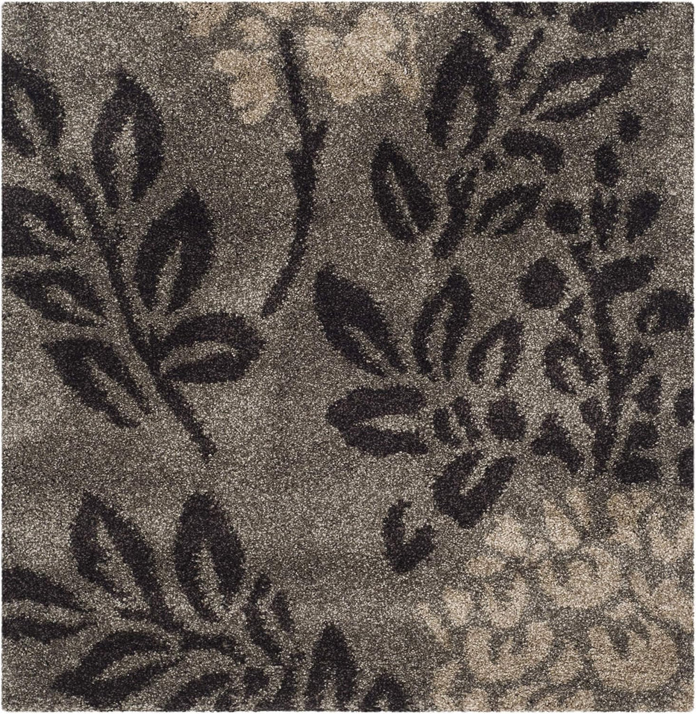 Florida Shag Collection Area Rug - 4' Square, Smoke & Dark Brown, Floral Design, Non-Shedding & Easy Care, 1.2-inch