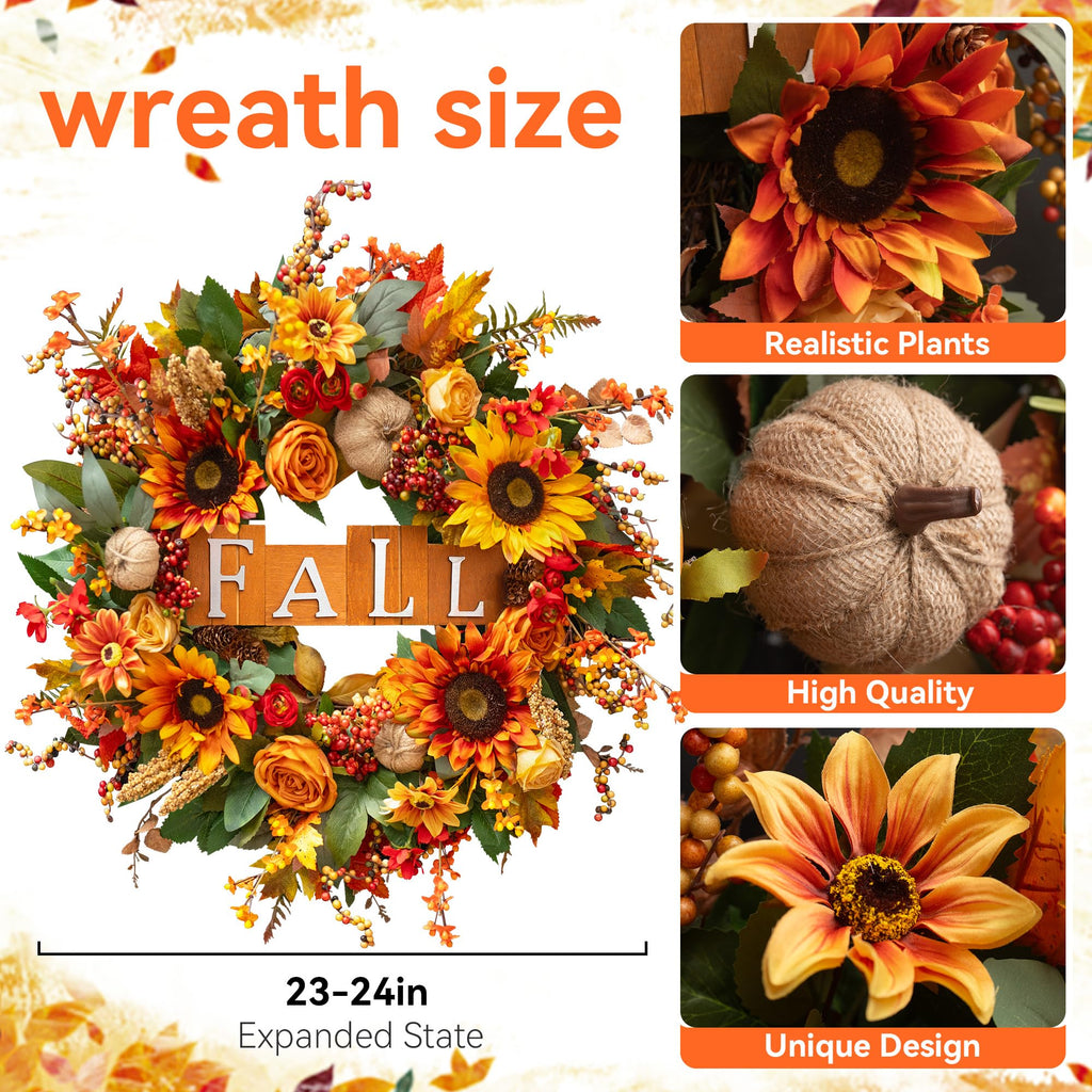 24 Inch Fall Wreaths for Front Door Autumn Wreath with Fall Sign