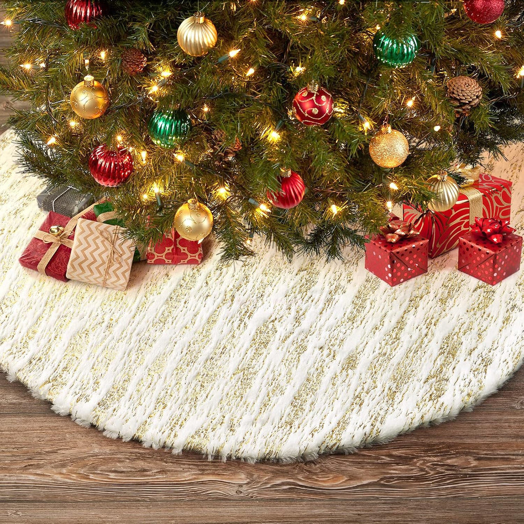 Christmas Tree Skirt White Bronzing Luxury Faux Fur Tree Skirt (Gold 48in)