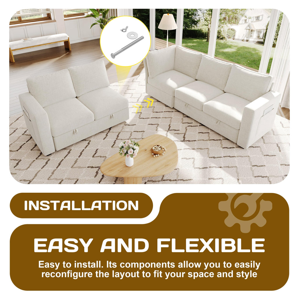 Sectional Sleeper Sofa, Pull Out Couch with Storage, Beige, 5 Seat