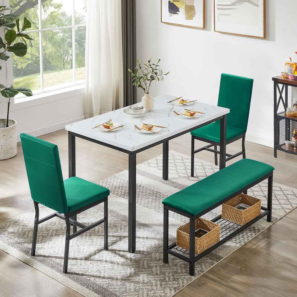 Dining Table Set for 4, Faux Marble Kitchen Table, Kitchen Table Chairs Set with Velvet Chairs, Bench with Storage Net