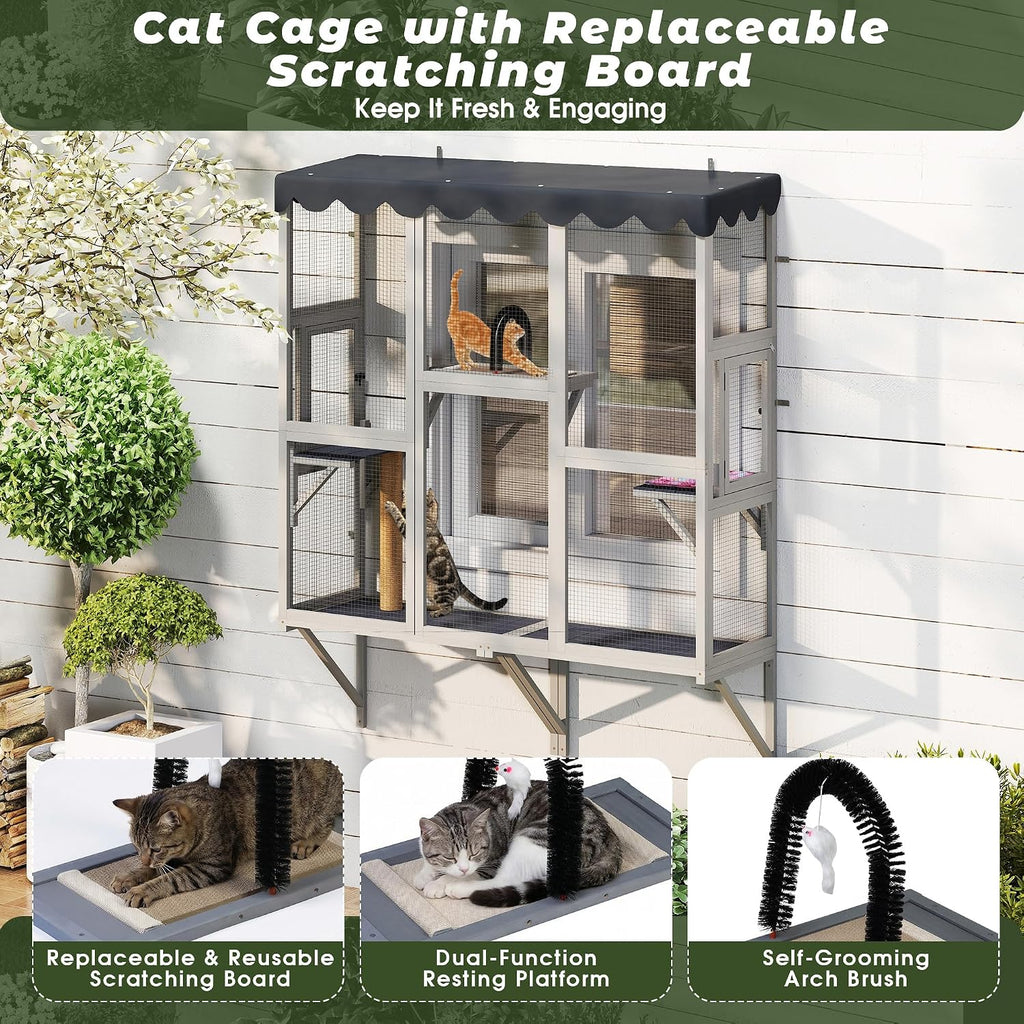 Window Cat Cage, 70.9" Tall Large Wooden Cat Enclosure with Multi-Level Perches, Escape-Proof Galvanized Mesh, Sturdy