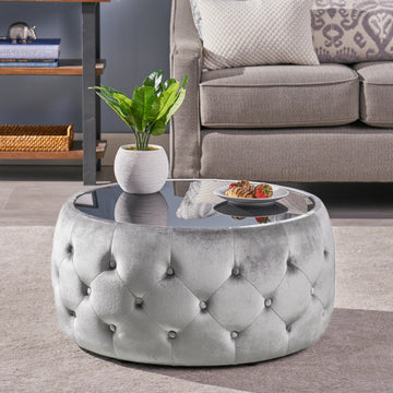 30" Round Velvet Ottoman Coffee Table, Button Tufted Coffee Table with Tempered Glass Top Modern Upholstered Tufted
