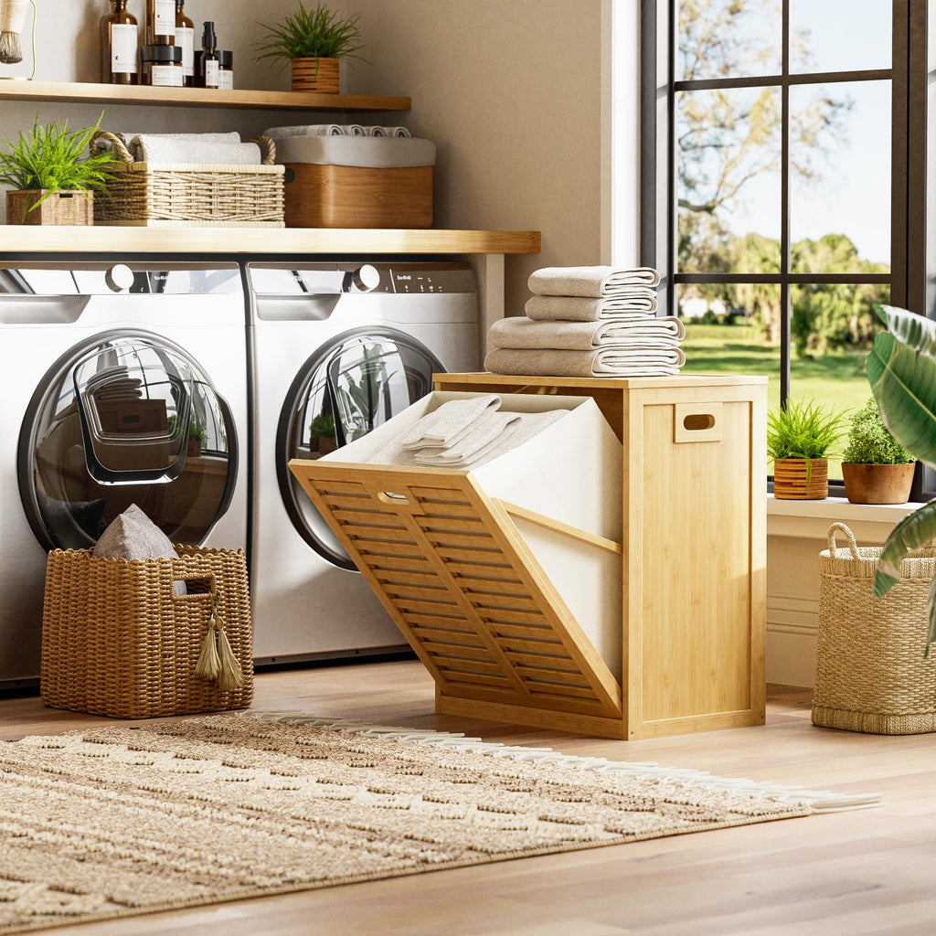 Tilt Out Laundry Hamper, Bamboo Laundry Cabinet with Hidden Removable Basket, Freestanding Clothes Storage organizer