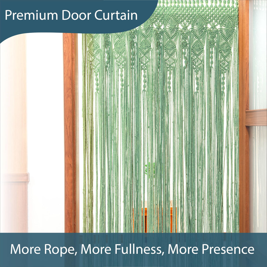 Premium 4mm Thick Extra Dense Macrame Door Curtain - Handcrafted Sage Green Boho Bohemian Curtain for Doorways - No