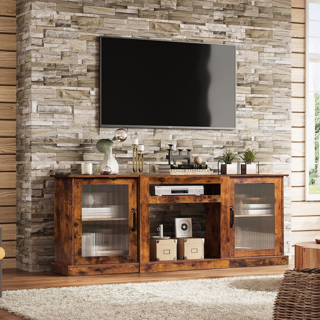 Farmhouse TV Stand for 75 inch TV, Entertainment Center with Storage Cabinets, Mid Century Modern TV Console for