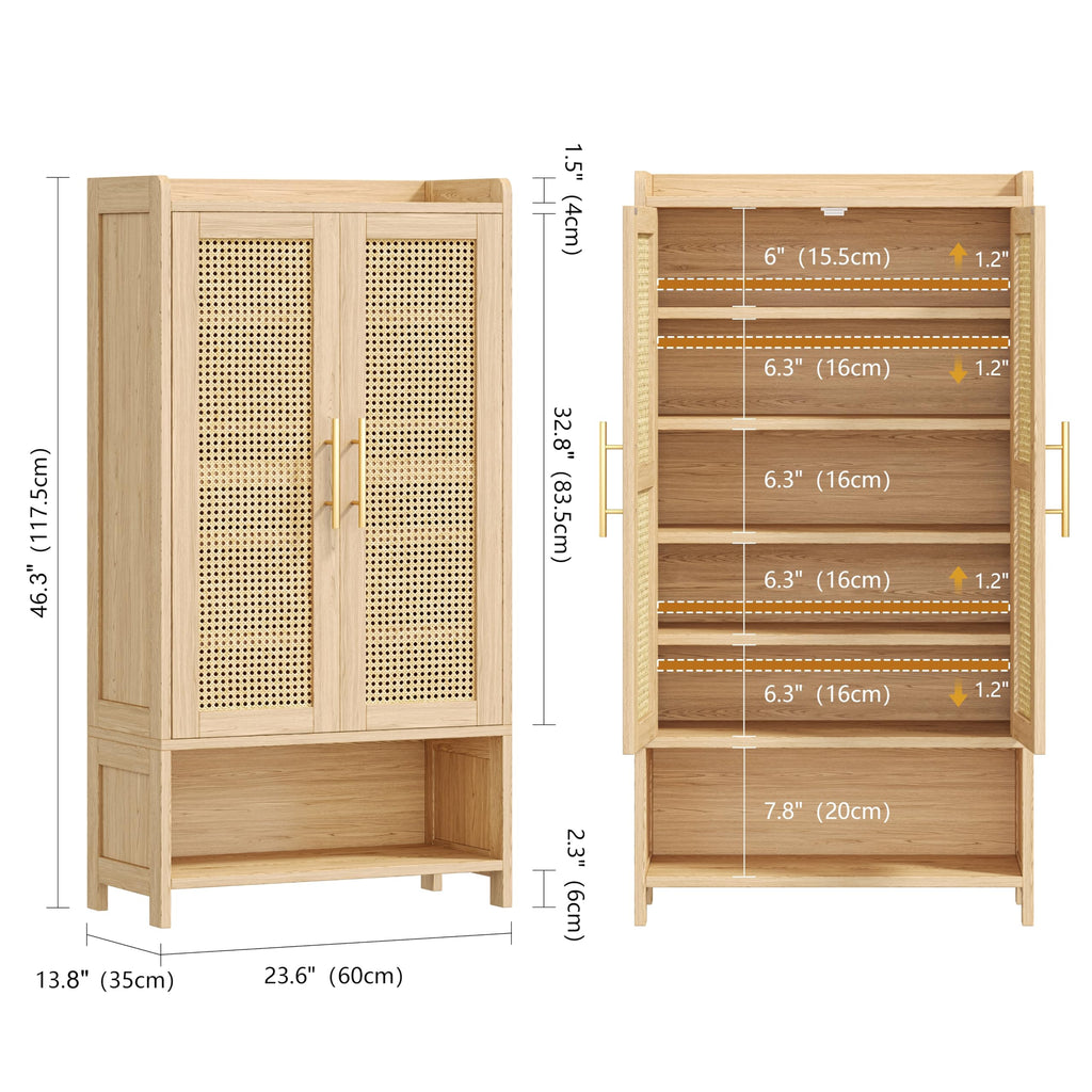 Rattan Shoe Cabinet with Doors & Adjustable Shelves, Natural Oak