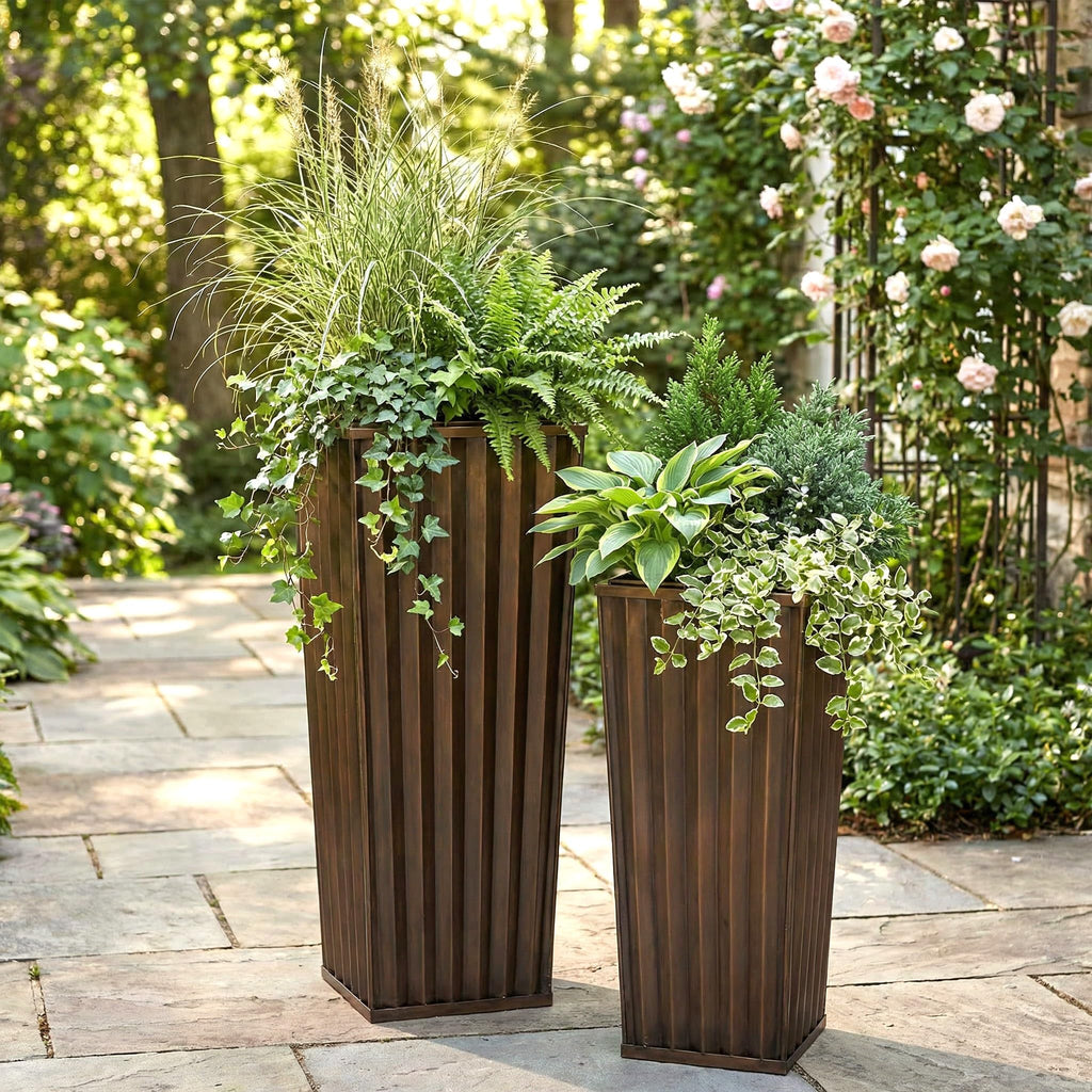 Ribbed Planters Set of 2, 29 and 36 In, Stainless, Antique Copper