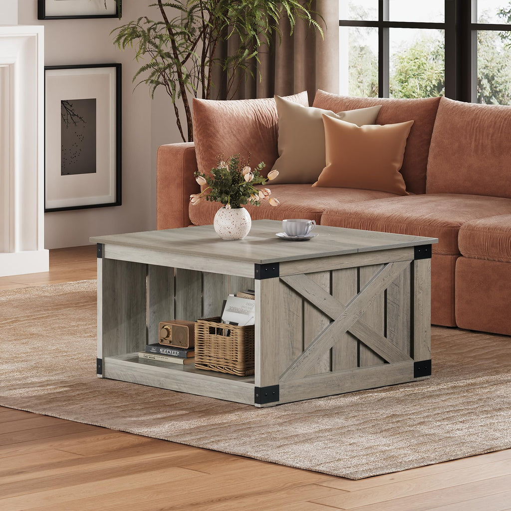 Coffee Table, Farmhouse Coffee Table with Open Storage, 31.5" Wood Square Living Room Tables, Rustic Dining Cocktail