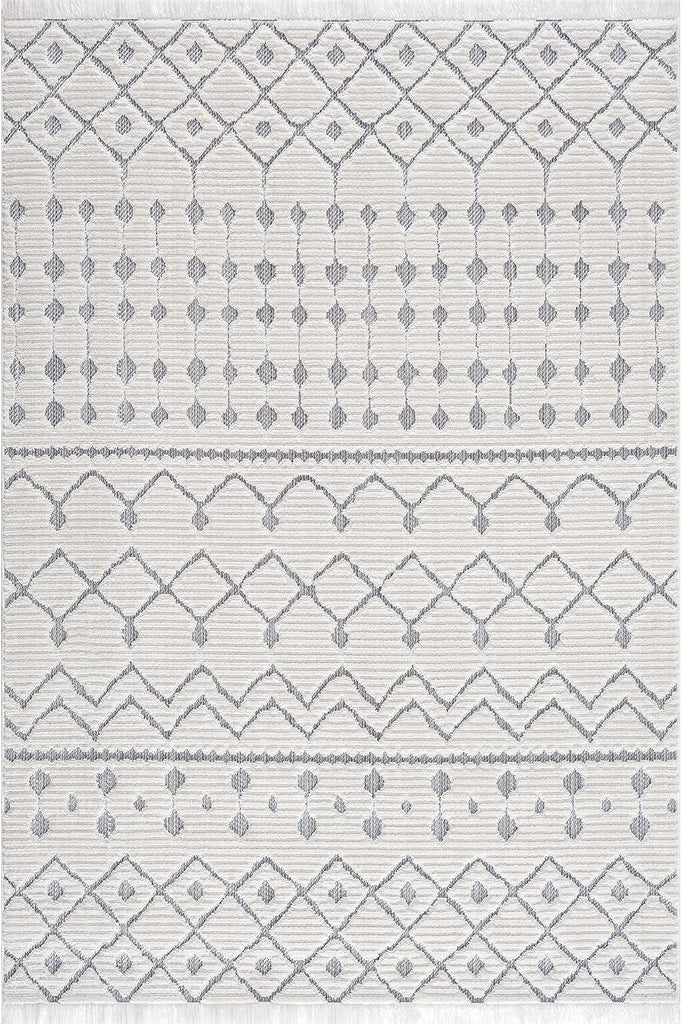 Trellisade Collection Living Room Area Rug - Moroccan Trellis Farmhouse - High Low Fringe Carpet - White, Cream, Gray