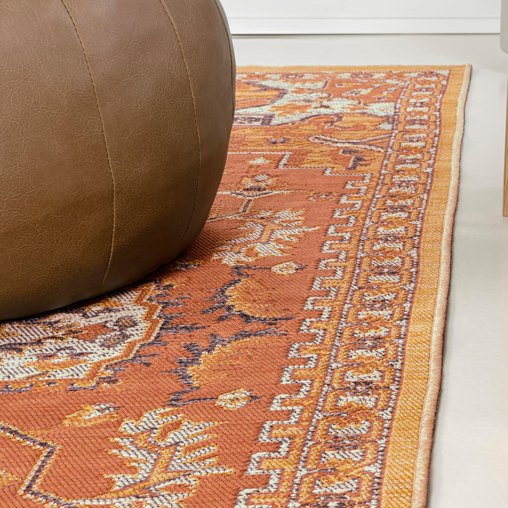 Medallion Reversible Washable Indoor Outdoor Area Rug Terra/Blue/Cream, Bijan Traditional Vintage for Backyard