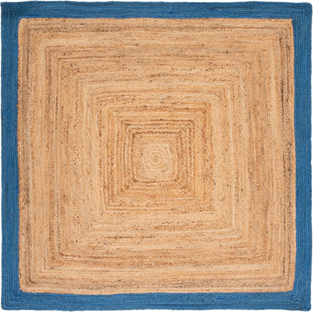 Natural Fiber Collection Area Rug - 6' Square, Natural & Blue, Handmade Flat Weave Boho Farmhouse Rustic Border Jute