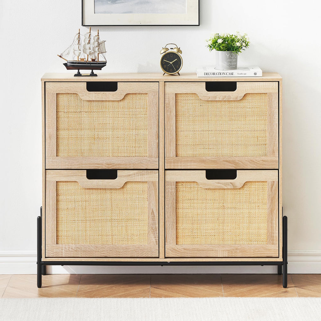 Rattan Shoe Storage Cabinet with 4 Flip Drawers, Freestanding Shoe Organizer with Adjustable Shelves, Narrow Shoe