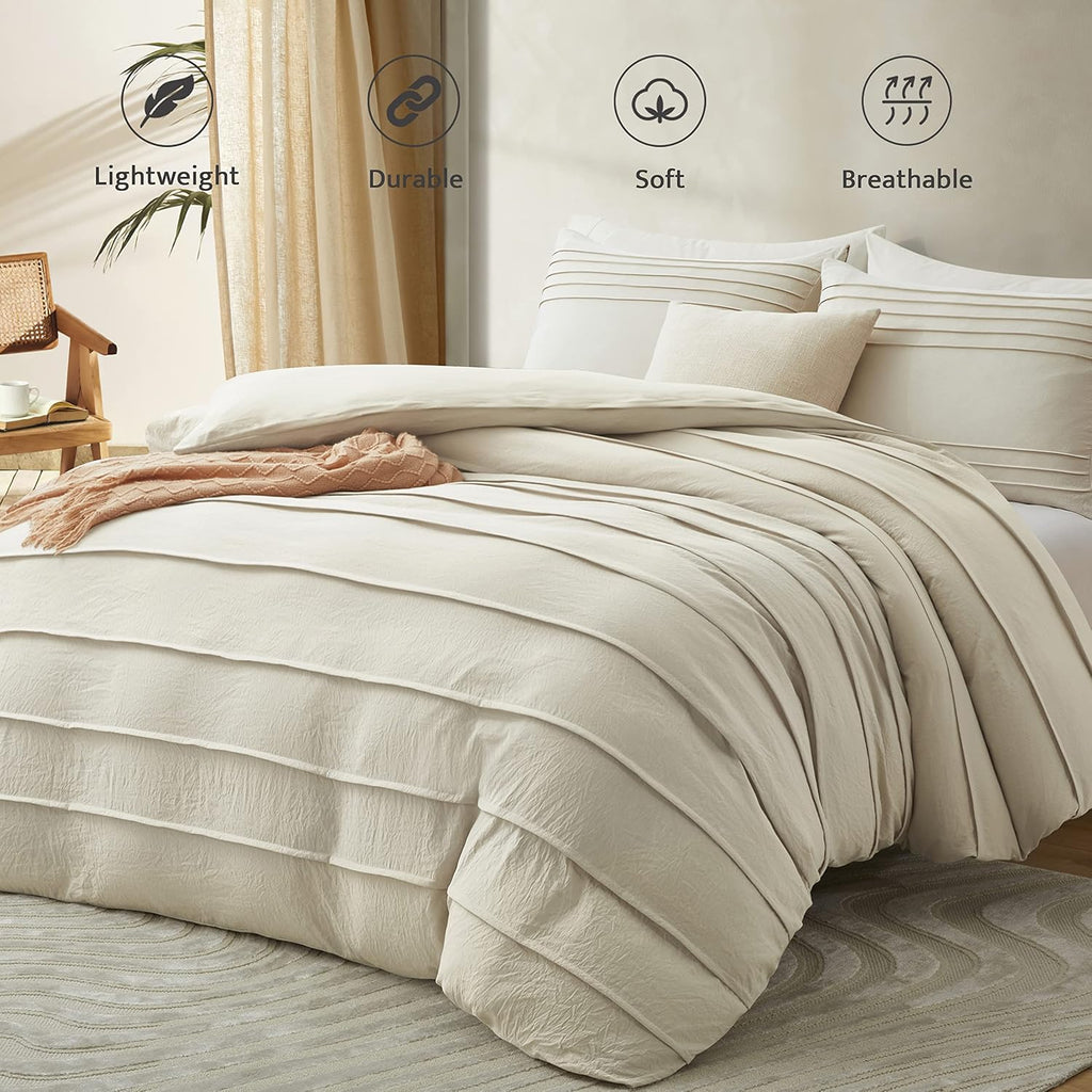 Beige Duvet Cover Queen - Pleated Queen Duvet Cover, 3PCS Soft and Breathable Textured Bedding Set with Zipper